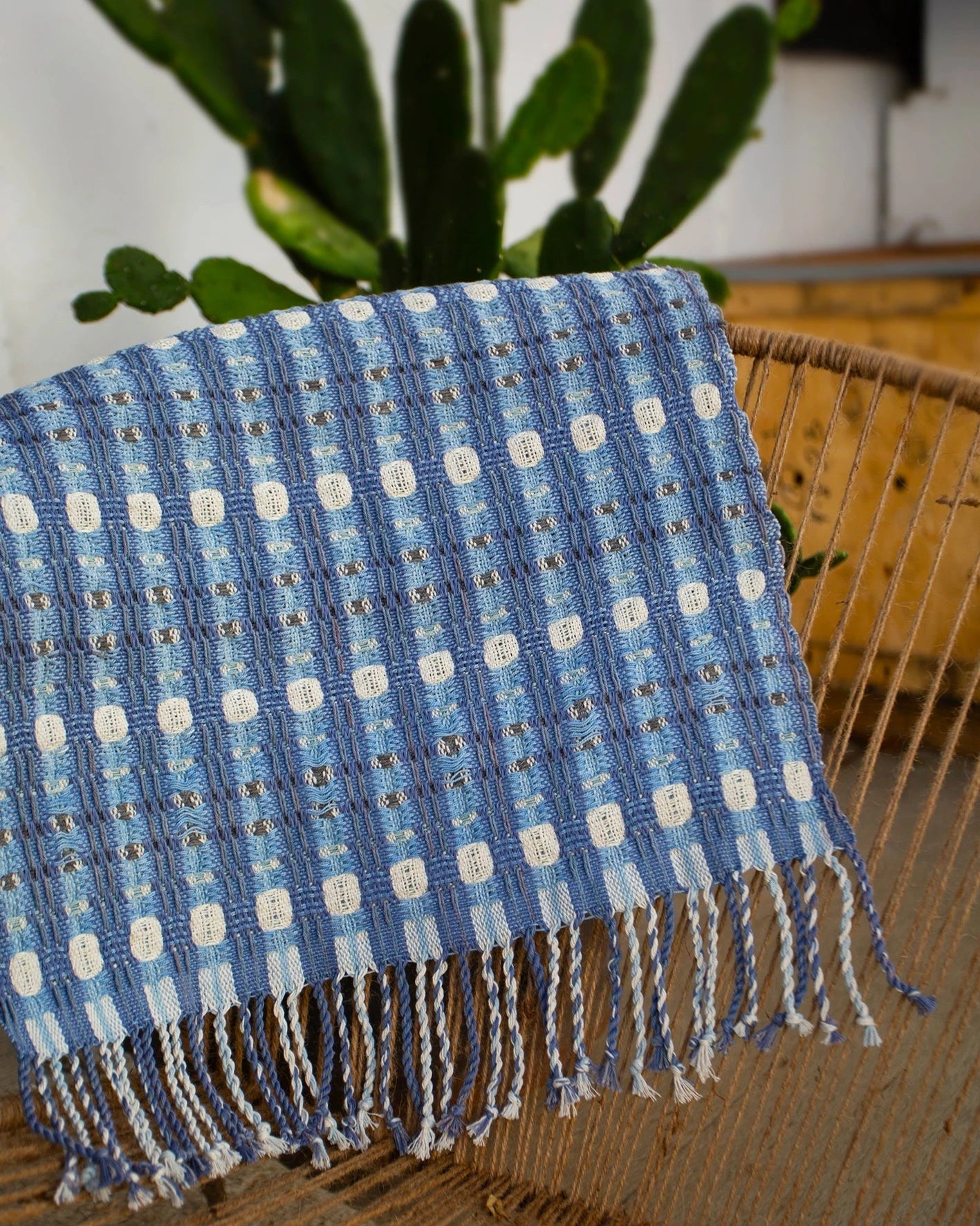 Blue doubleweave table runner made on a floor loom with natural dyes at Maia Organic Studio in Atitlan, Guatemala