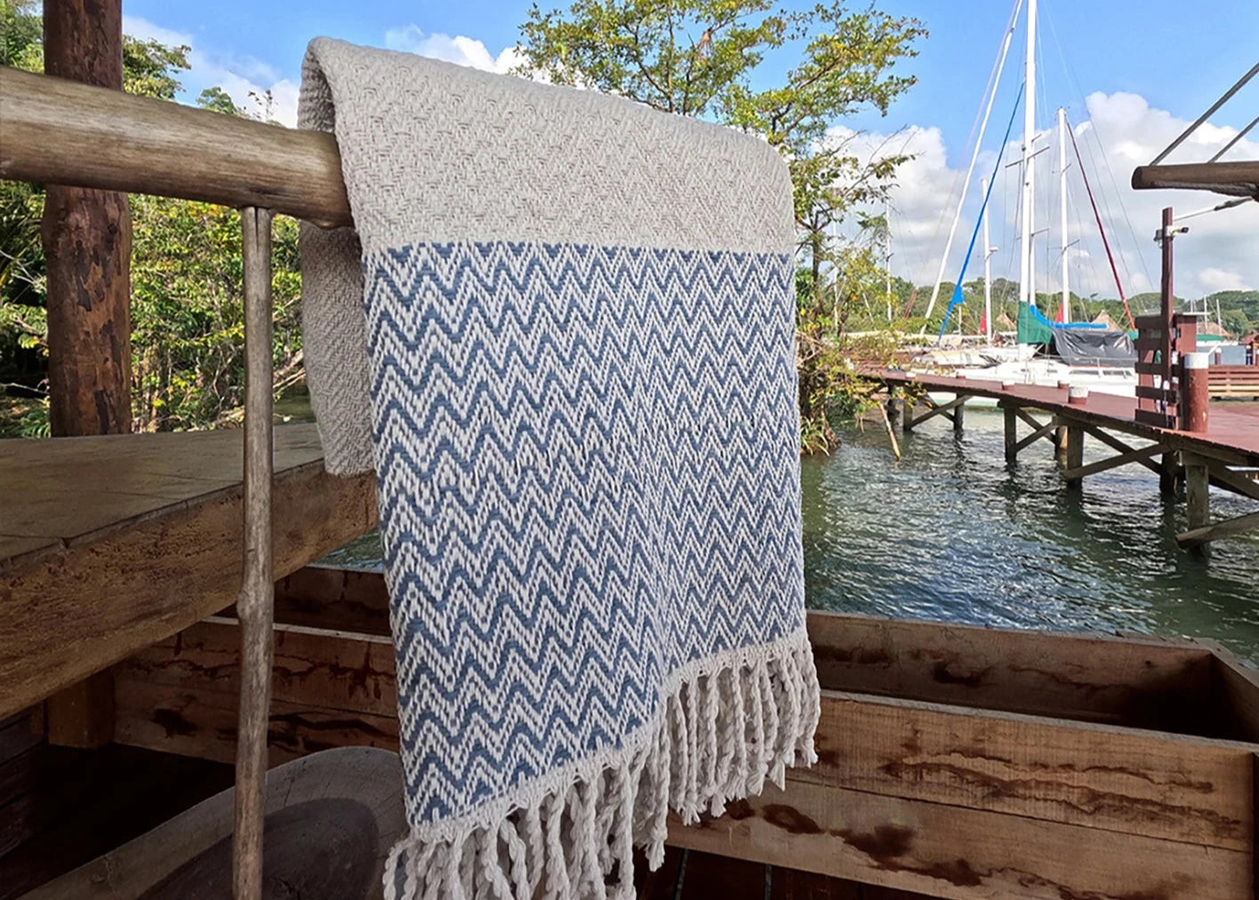 A blue twill bath towel hand-made with natural dyes at the Maia Organic Studio in Atitlan, Guatemala