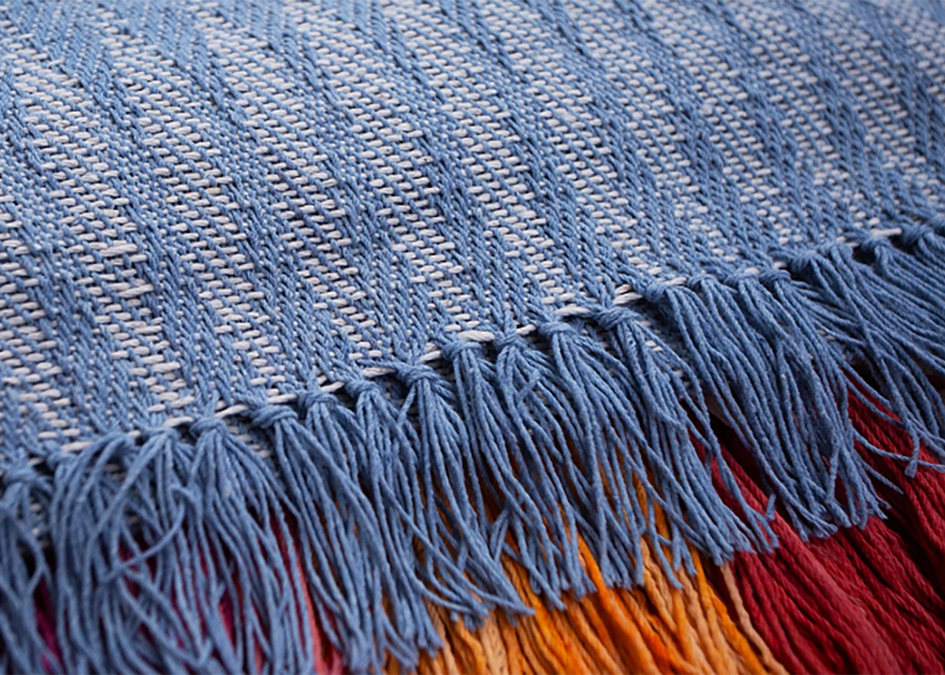 Detail of a blue zig-zag table runner made with natural dyes at the Maia Organic Studio in Atitlan, Guatemala