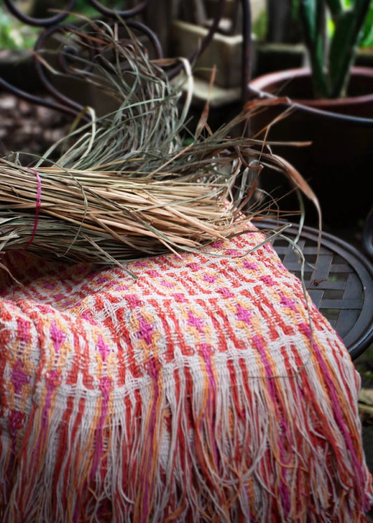 A stunning doubleweave table runner made with natural dyes and organic cotton at the Maia studio in Guatemala