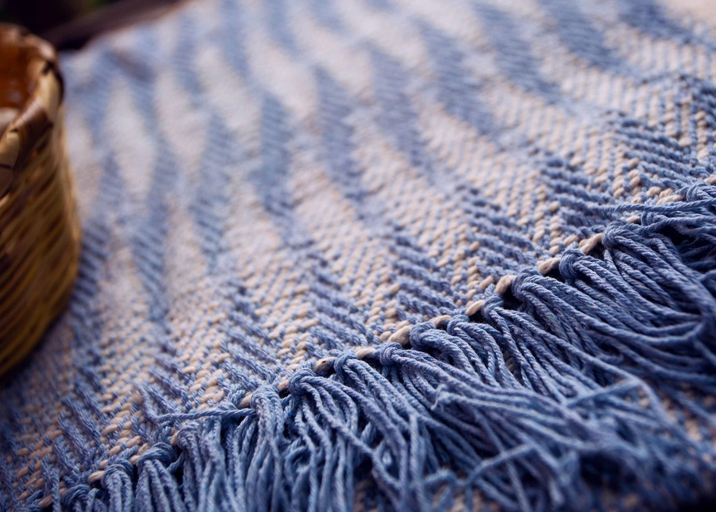 Structure of a blue zig-zag table runner made with natural dyes in the Maia Organic Studio in Atitlan, Guatemala